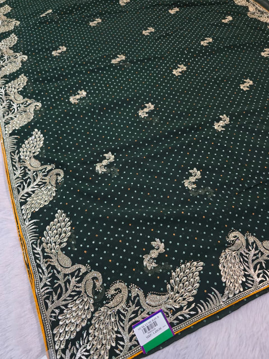Exquisite Zari Embroidered Peacock Saree with Traditional Dotted Pattern