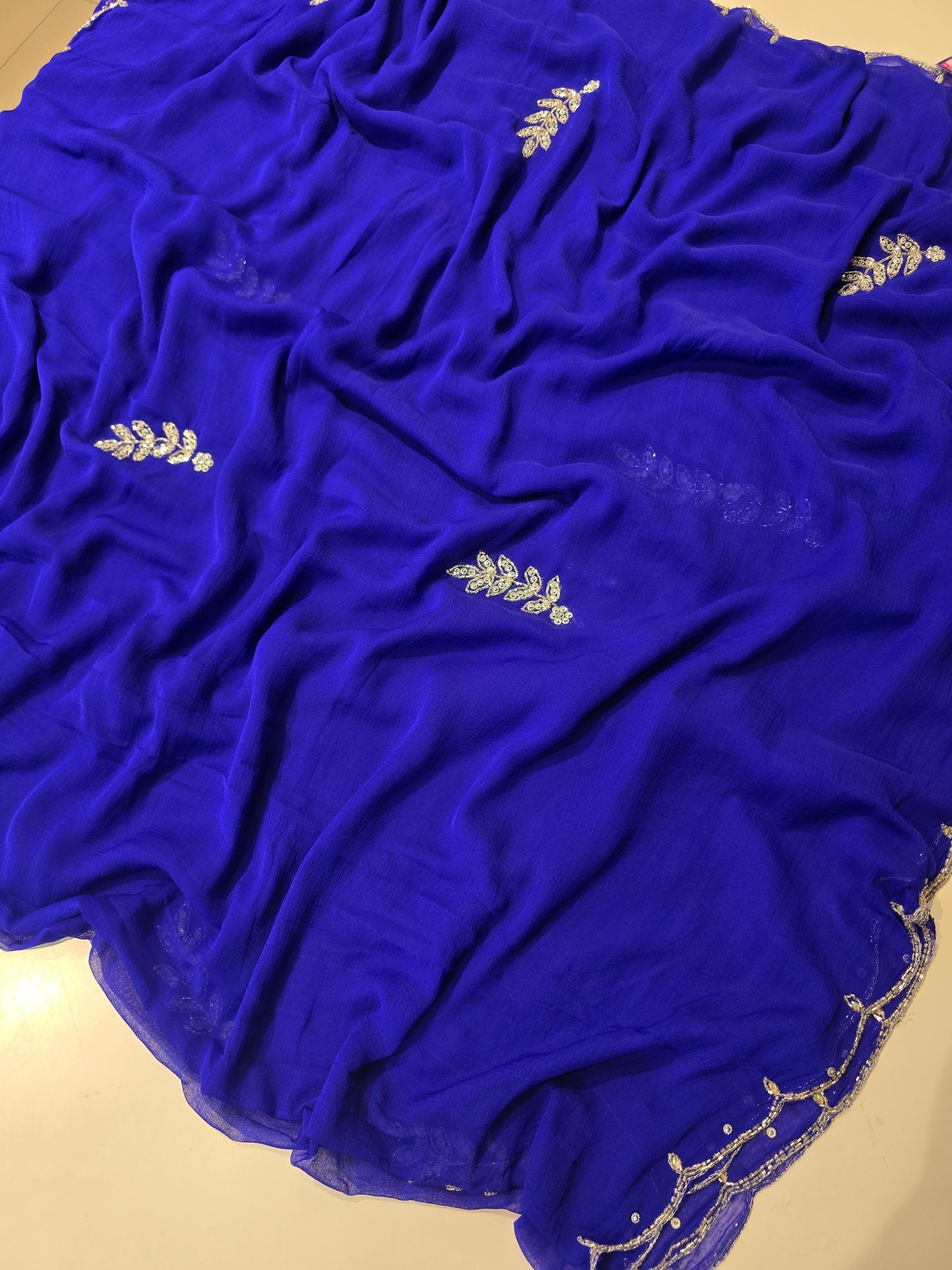 Elegant Royal Blue Saree with Sequin Buti Work & Scalloped Border | Party Wear