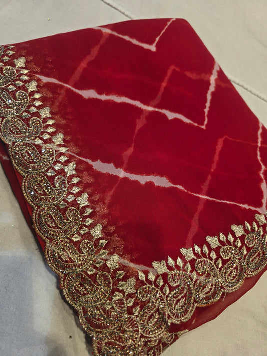 Stunning Shibori Print Saree with Heavy Golden Embroidered Border | Festive Wear