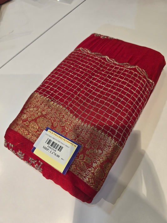 Premium Wine Chinon Saree with Golden Floral Embroidery & Zari Border