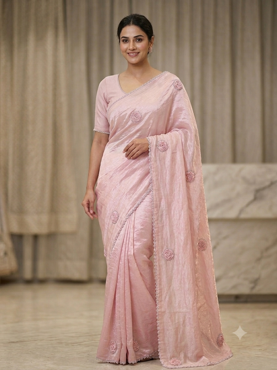 Premium Royal Purple Crushed Silk Saree with Pearl Border & Motifs