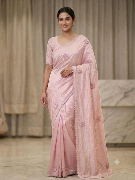 Premium Royal Purple Crushed Silk Saree with Pearl Border & Motifs