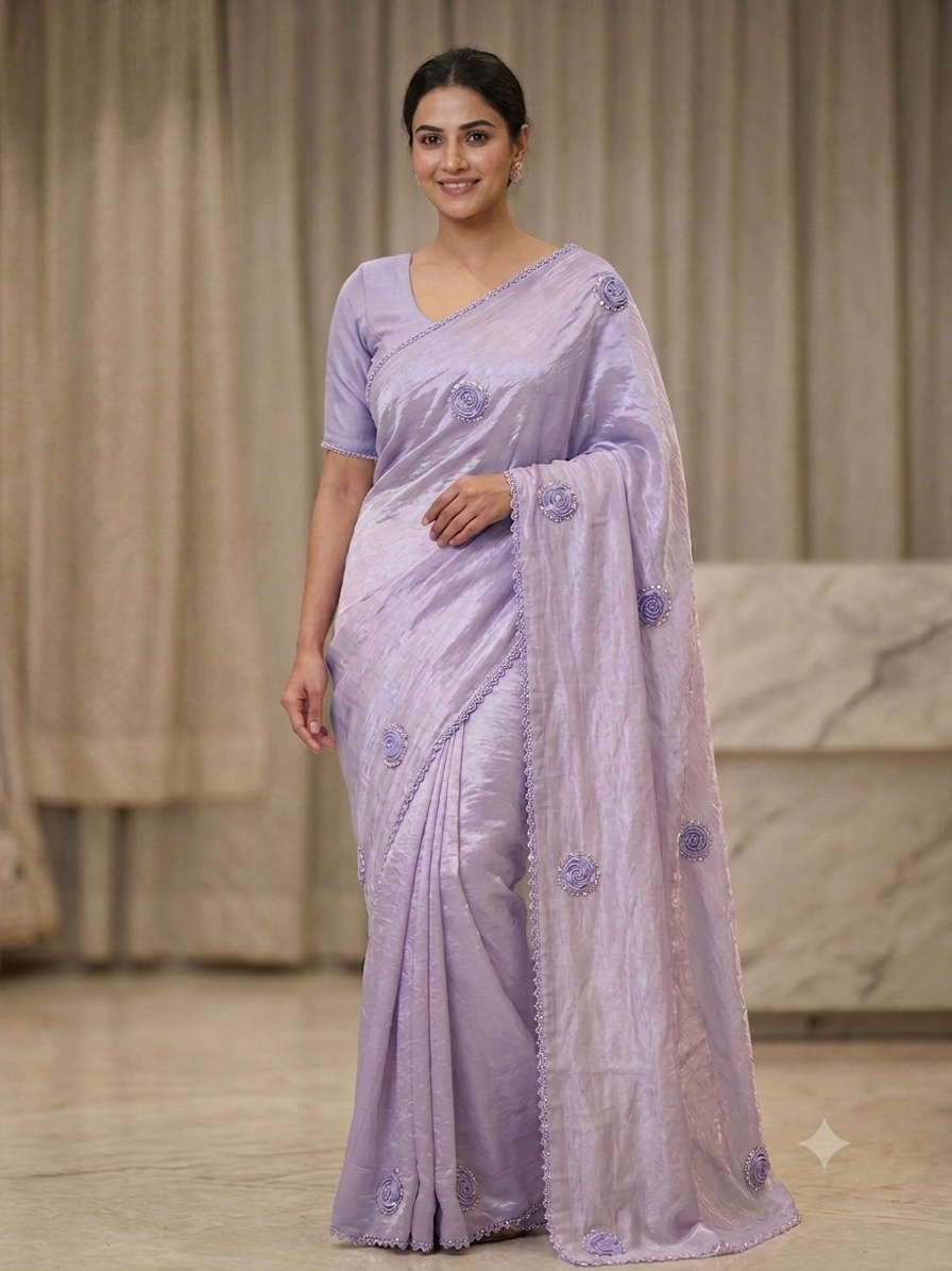 Premium Royal Purple Crushed Silk Saree with Pearl Border & Motifs
