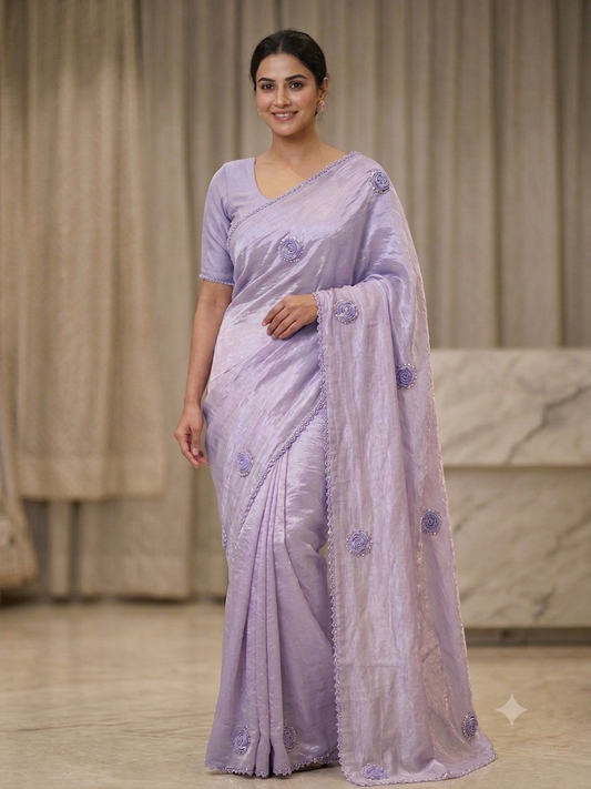 Premium Royal Purple Crushed Silk Saree with Pearl Border & Motifs
