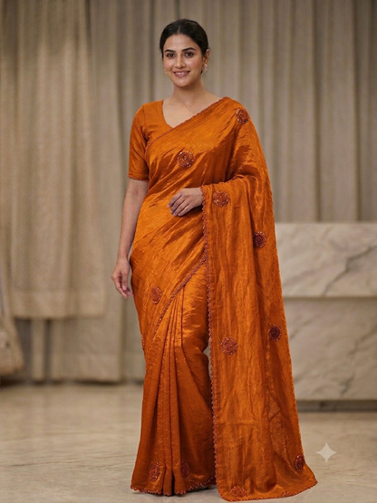 Premium Royal Purple Crushed Silk Saree with Pearl Border & Motifs