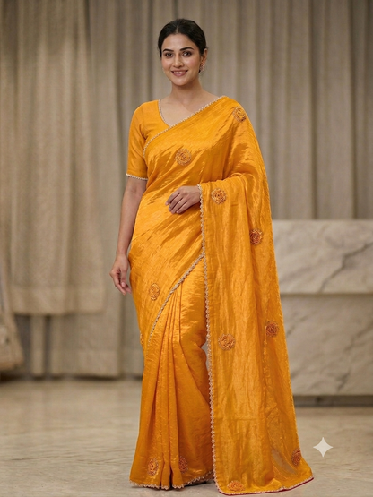 Premium Royal Purple Crushed Silk Saree with Pearl Border & Motifs
