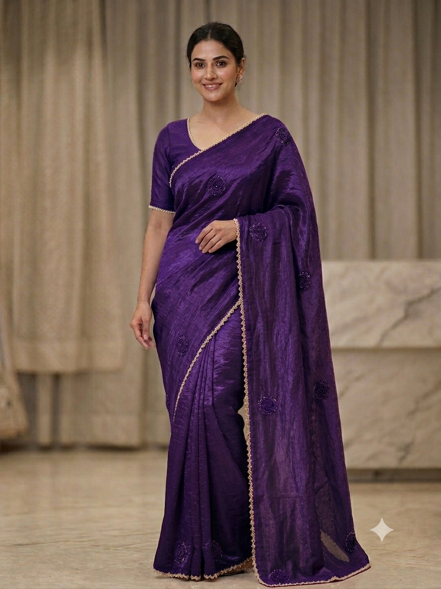 Premium Royal Purple Crushed Silk Saree with Pearl Border & Motifs