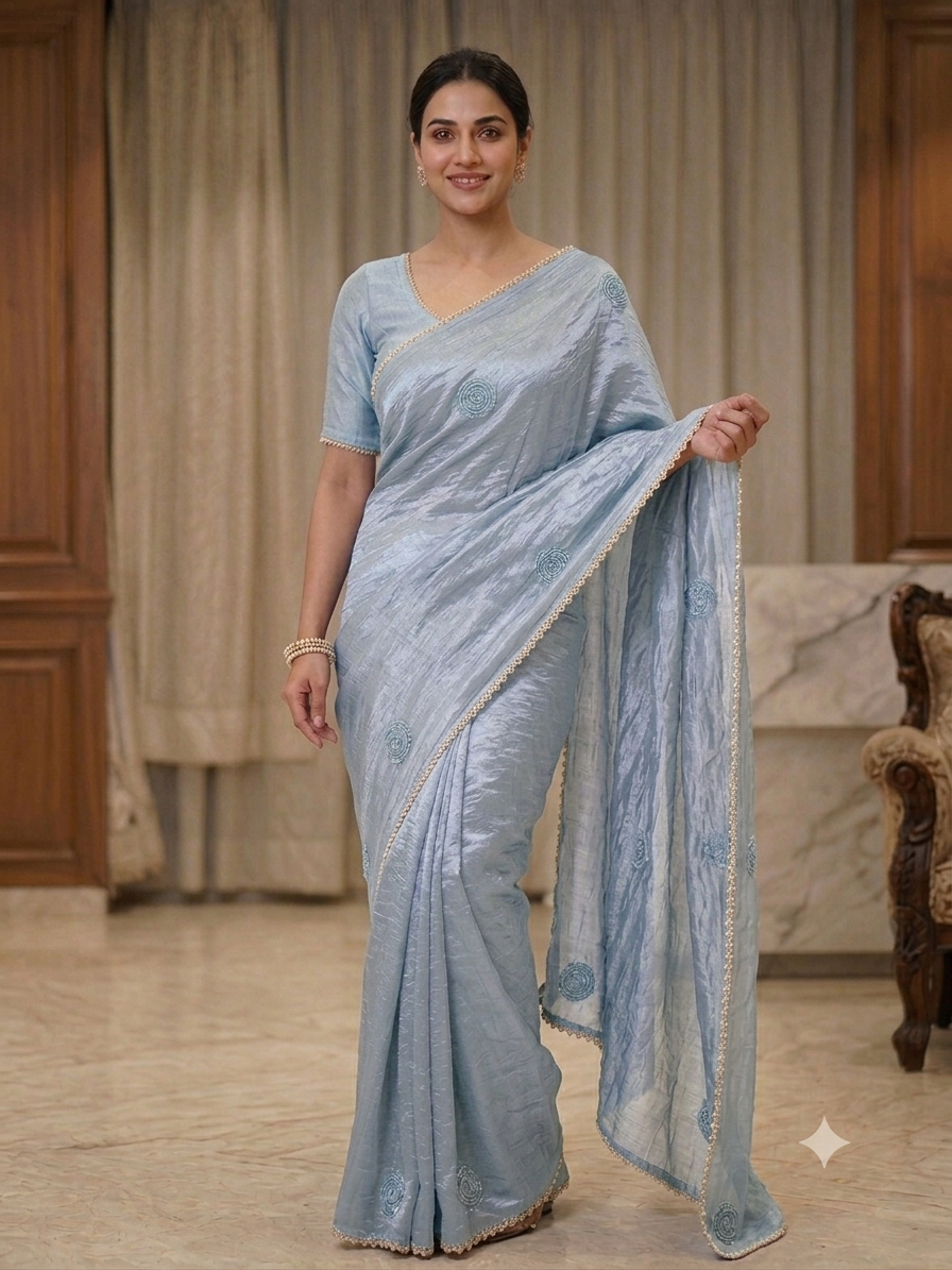Premium Royal Purple Crushed Silk Saree with Pearl Border & Motifs
