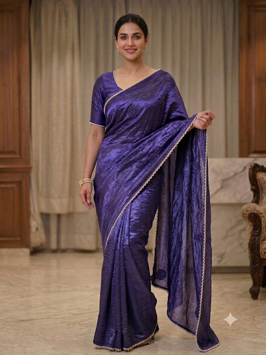 Premium Royal Purple Crushed Silk Saree with Pearl Border & Motifs