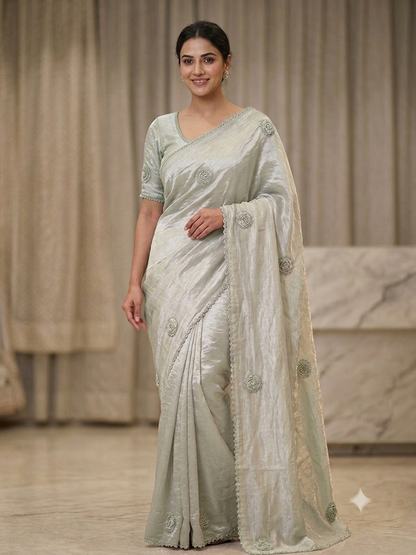 Premium Royal Purple Crushed Silk Saree with Pearl Border & Motifs