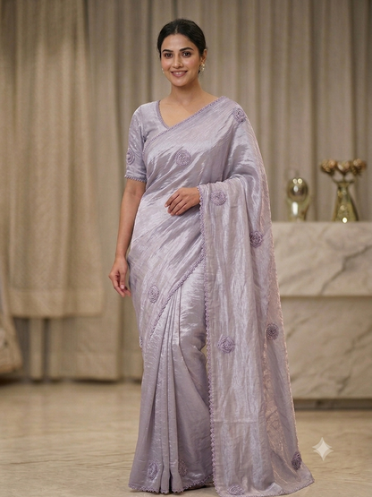 Premium Royal Purple Crushed Silk Saree with Pearl Border & Motifs