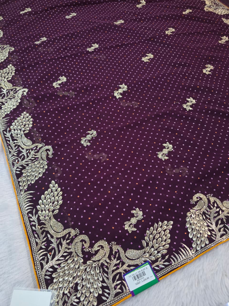 Exquisite Zari Embroidered Peacock Saree with Traditional Dotted Pattern