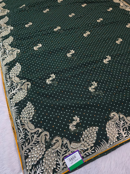 Exquisite Zari Embroidered Peacock Saree with Traditional Dotted Pattern