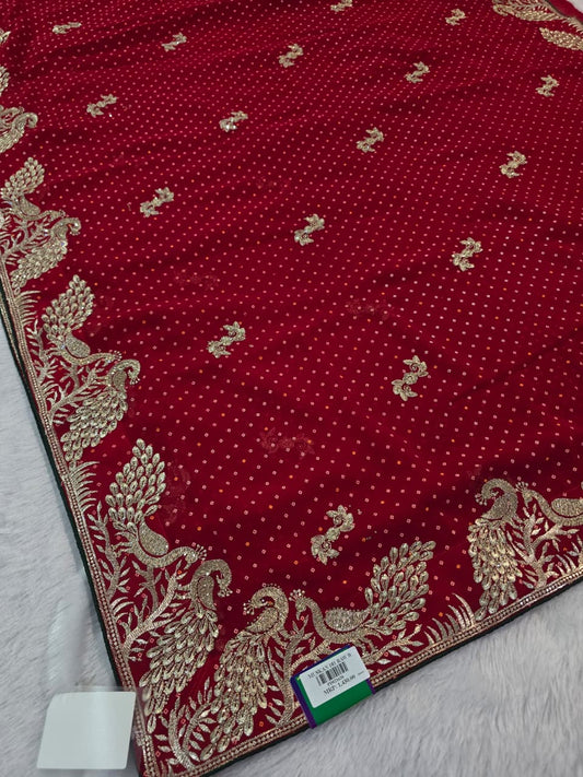 Exquisite Zari Embroidered Peacock Saree with Traditional Dotted Pattern