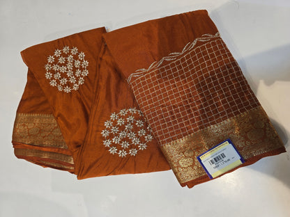 Premium Wine Chinon Saree with Golden Floral Embroidery & Zari Border