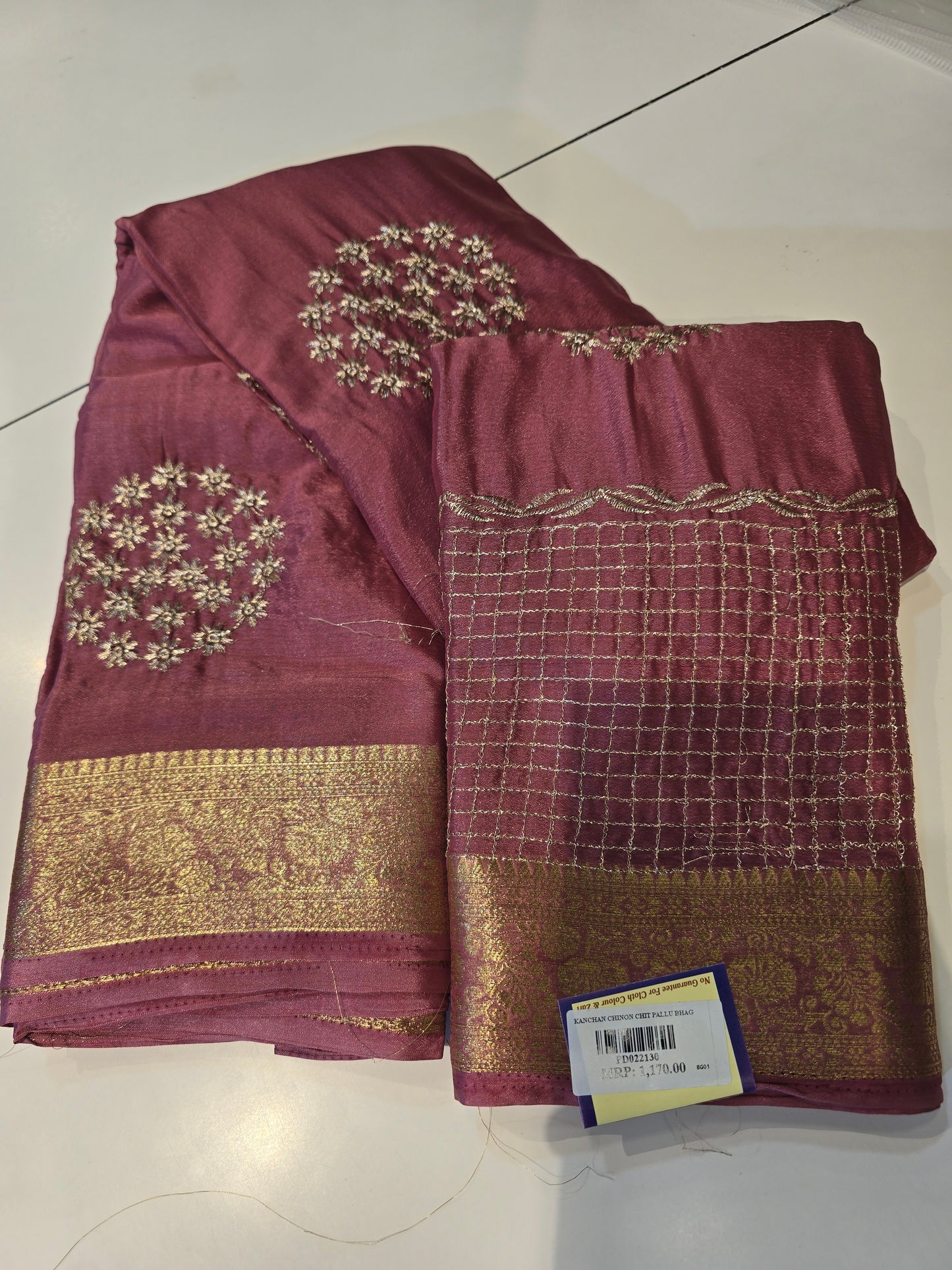 Premium Wine Chinon Saree with Golden Floral Embroidery & Zari Border