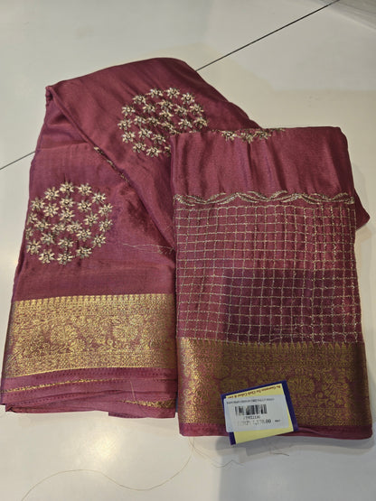 Premium Wine Chinon Saree with Golden Floral Embroidery & Zari Border