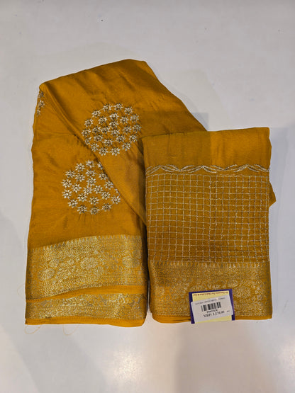 Premium Wine Chinon Saree with Golden Floral Embroidery & Zari Border