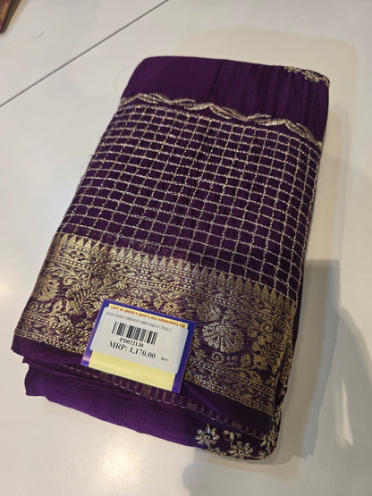 Premium Wine Chinon Saree with Golden Floral Embroidery & Zari Border