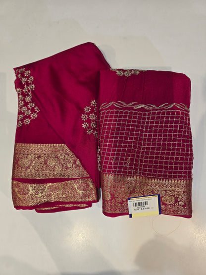 Premium Wine Chinon Saree with Golden Floral Embroidery & Zari Border