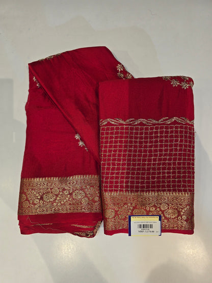 Premium Wine Chinon Saree with Golden Floral Embroidery & Zari Border