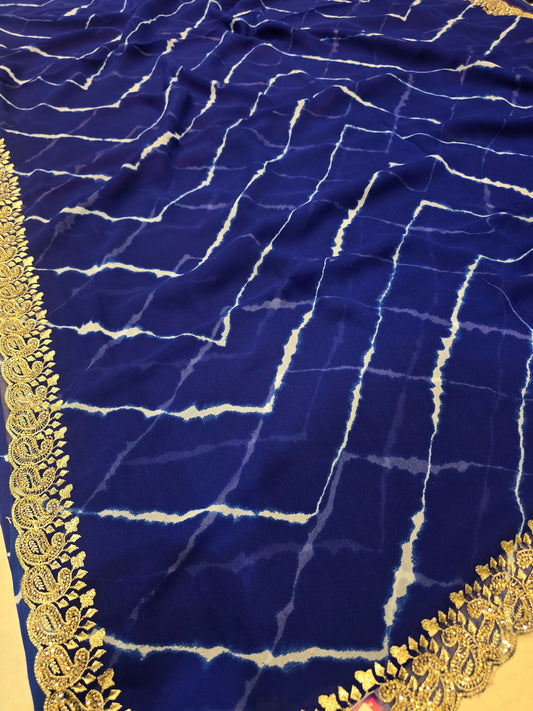 Stunning Shibori Print Saree with Heavy Golden Embroidered Border | Festive Wear