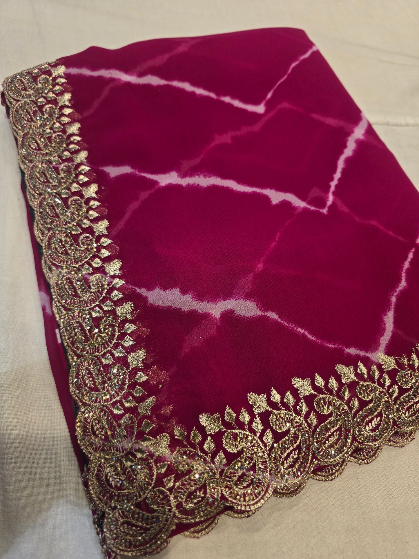 Stunning Shibori Print Saree with Heavy Golden Embroidered Border | Festive Wear