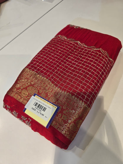 Premium Wine Chinon Saree with Golden Floral Embroidery & Zari Border